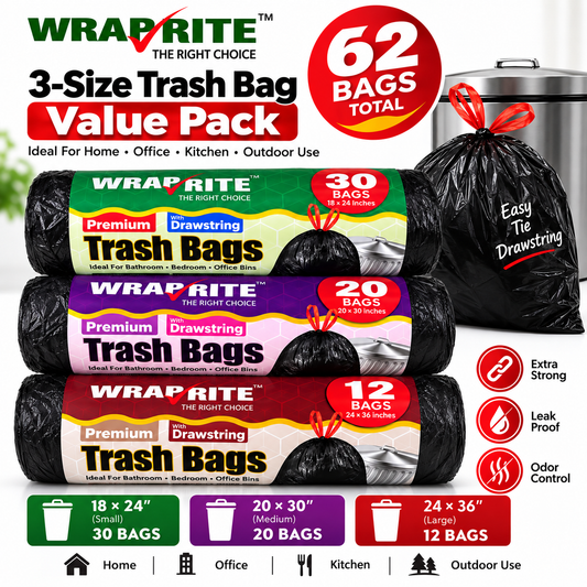 WrapRite 3-Size Trash Bag Value Pack – 62 Bags